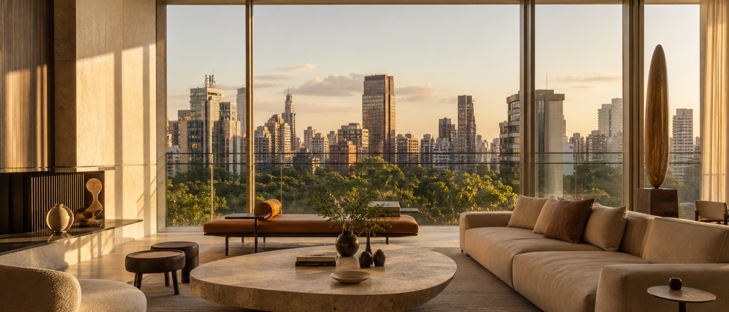 Penthouse fictício com vista para o skyline de São Paulo ao entardecer
